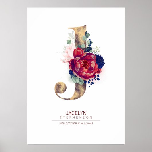Letter J Monogram Floral Navy Blue und Burgundy Poster (Vorne)