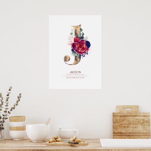 Letter J Monogram Floral Navy Blue und Burgundy Poster (Küche)