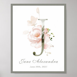 Letter J Monogram Pink White Floral Kinderzimmer P Poster