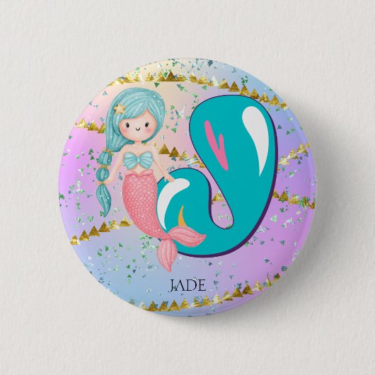 Letter J Monogram Watercolor Niedlich Mermaid Kind Button (Vorderseite)