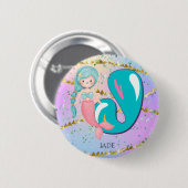 Letter J Monogram Watercolor Niedlich Mermaid Kind Button (Vorne & Hinten)