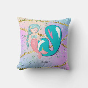 Letter J Monogram Watercolor Niedlich Mermaid Kind Kissen