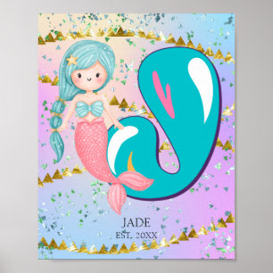 Letter J Monogram Watercolor Niedlich Mermaid Kind Poster