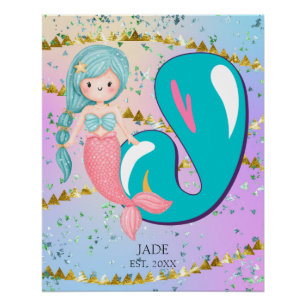 Letter J Monogram Watercolor Niedlich Mermaid Kind Poster