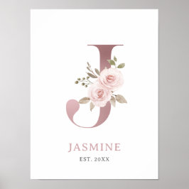 Letter J Monogram Watercolor Rose Florals Kinderzi Poster