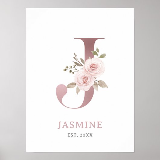 Letter J Monogram Watercolor Rose Florals Kinderzi Poster (Vorne)