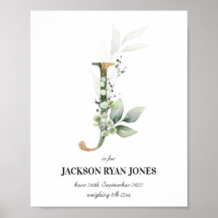 Letter J New Baby Monogram Birth Print Greenery Poster