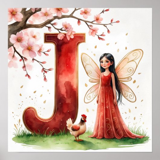 Letter J Rooster Cherry Blossom Fairy Poster Art (Vorne)