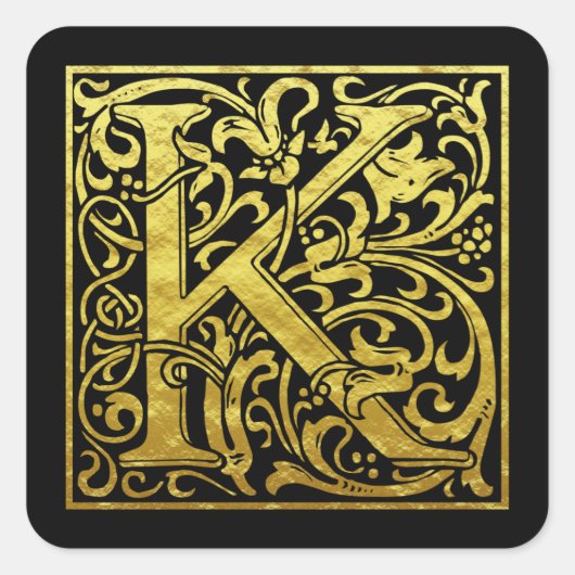 Letter K First Letter Imitate Gold Schwarz Quadratischer Aufkleber (Vorderseite)