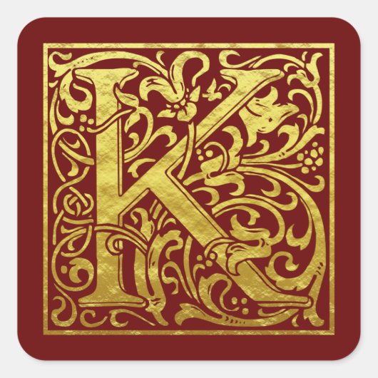 Letter K First Letter Imitats Gold Red Quadratischer Aufkleber (Vorderseite)