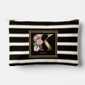 Letter K Floral Monogram Schwarz-weiße Streifen Zubehörtasche (Vorderseite)