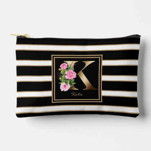 Letter K Floral Monogram Schwarz-weiße Streifen Zubehörtasche (Vorderseite)