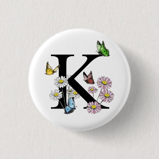 Letter K Floral Watercolor Butterfly Monogram Button (Vorderseite)