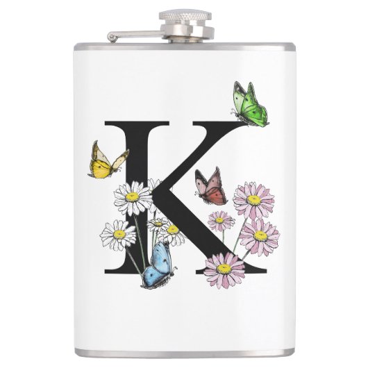 Letter K Floral Watercolor Butterfly Monogram Flachmann (Vorderseite)