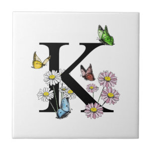 Letter K Floral Watercolor Butterfly Monogram Fliese