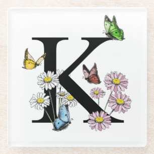 Letter K Floral Watercolor Butterfly Monogram Glasuntersetzer