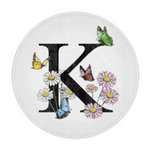 Letter K Floral Watercolor Butterfly Monogram Schneidebrett