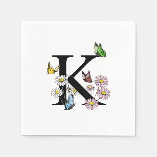 Letter K Floral Watercolor Butterfly Monogram Serviette (Vorderseite)