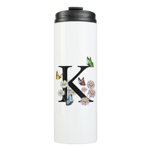 Letter K Floral Watercolor Butterfly Monogram Thermosbecher (Vorderseite)