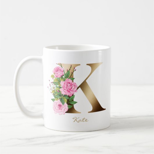 Letter K Gold Monogram | Roses Floral Kaffeetasse (Links)