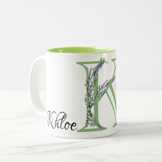 Letter K Lavender Eucalyptus mit Monogramm Zweifarbige Tasse (Vorderseite Links)
