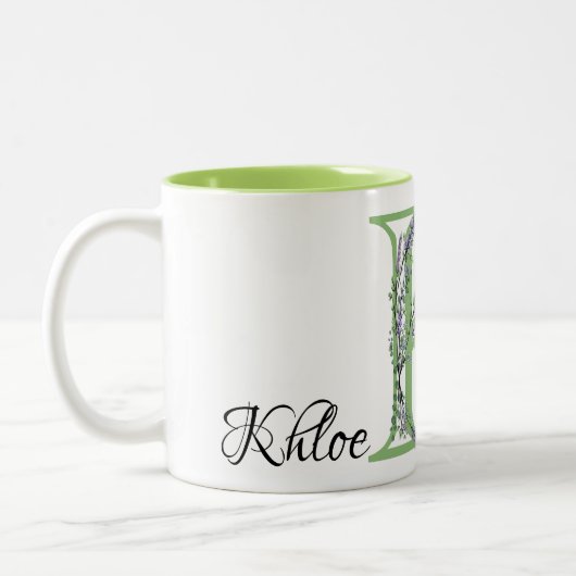 Letter K Lavender Eucalyptus mit Monogramm Zweifarbige Tasse (Links)