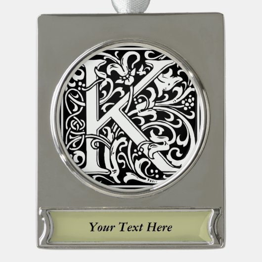 Letter K Medieval Monogram Art Nouveau Banner-Ornament Silber (Vorderseite)