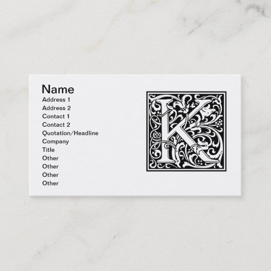 Letter K Medieval Monogram Art Nouveau Visitenkarte (Vorderseite)