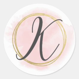 Letter K Monogram Blush Pink Watercolor Gold Chic Runder Aufkleber