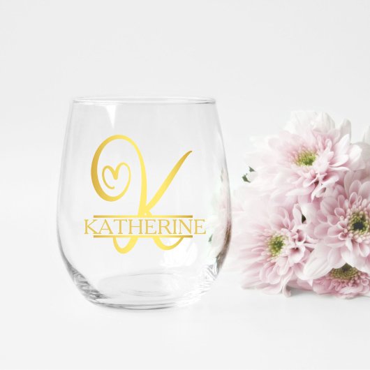 Letter K Monogram Bridesmaid Gift, Modernes Elegan Weinglas Ohne Stiel