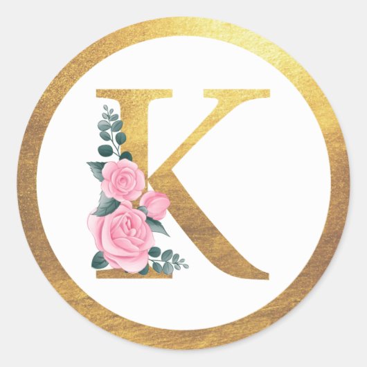 Letter K Monogram Pink Roses Floral & Elegante Gol Runder Aufkleber (Vorderseite)