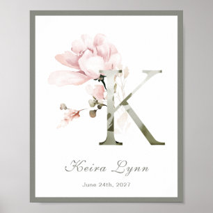 Letter K Monogram Pink White Floral Kinderzimmer P Poster