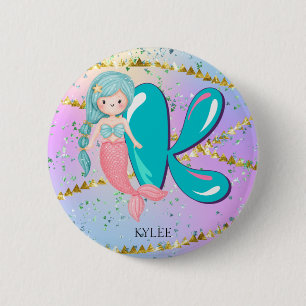 Letter K Monogram Watercolor Niedlich Mermaid Kind Button