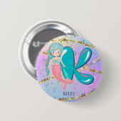 Letter K Monogram Watercolor Niedlich Mermaid Kind Button (Vorne & Hinten)