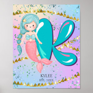 Letter K Monogram Watercolor Niedlich Mermaid Kind Poster