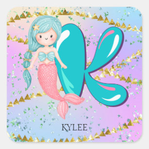 Letter K Monogram Watercolor Niedlich Mermaid Kind Quadratischer Aufkleber
