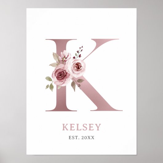 Letter K Monogram Watercolor Rose Florals Kinderzi Poster (Vorne)