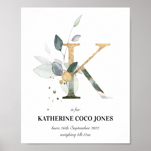 Letter K New Baby Monogram Birth Print Green Poster (Vorne)