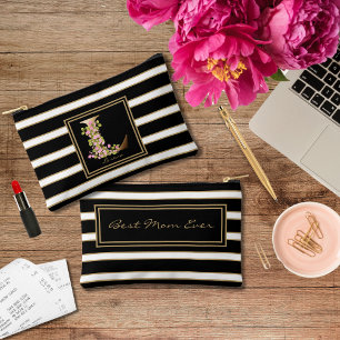 Letter L Floral Monogram Schwarz-weiße Streifen Zubehörtasche