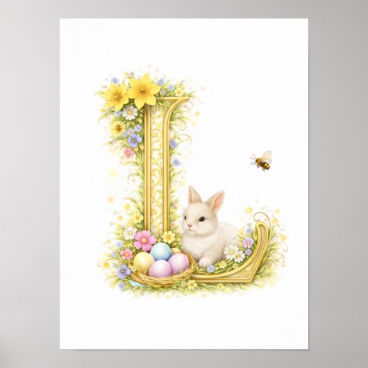 Letter L Gold Spring Nature Monogram White Bunny Poster (Vorne)