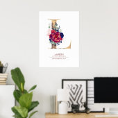 Letter L Monogram Floral Navy Blue und Burgundy Poster (Heimbüro)