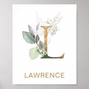 Letter L Monogram Green & gold foliing Kinderzimme Poster