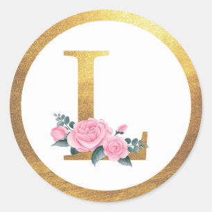 Letter L Monogram Pink Roses Floral & Elegante Gol Runder Aufkleber