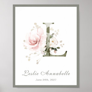 Letter L Monogram Pink White Floral Kinderzimmer P Poster