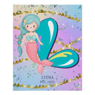 Letter L Monogram Watercolor Niedlich Mermaid Kind Poster