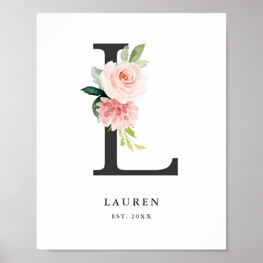 Letter L Monogram Watercolor Peach Florals Kinderz Poster (Vorne)