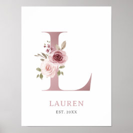 Letter L Monogram Watercolor Rose Florals Kinderzi Poster