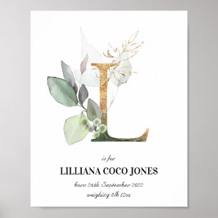 Letter L New Baby Monogram Birth Print Greenery Poster