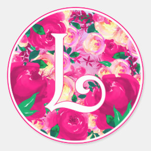 Letter L Pink Watercolor Floral Circle Monogramm Runder Aufkleber