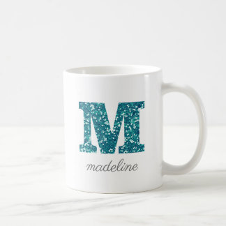 Letter M Aqua Blue Glitzer Persönliche Umarmung Kaffeetasse